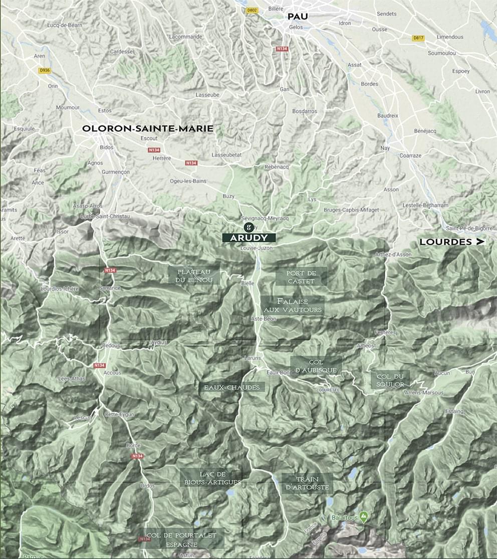 Carte situant la maison Gaïnaa dans la vallée d'Ossau ainsi que les principaux points d'intérêts